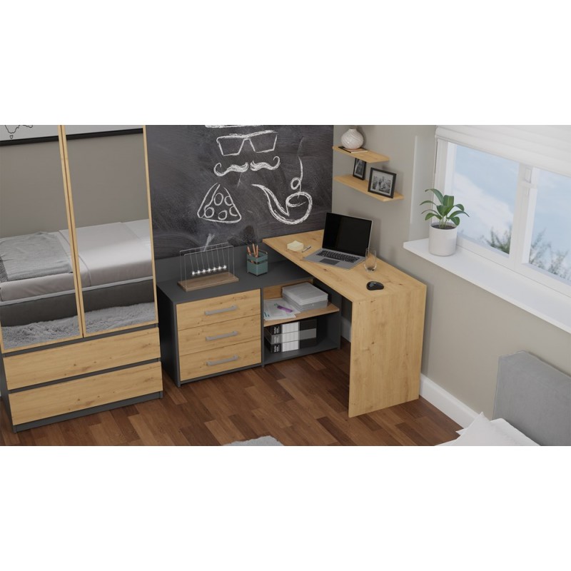 BIURKO NAROŻNE + KOMODA DANY ANTRACYT / DĄB ARTISAN