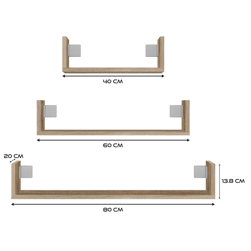 KOMPLET 3 x PÓŁKA WISZĄCA ŚCIENNA MOBI 3P DĄB SONOMA