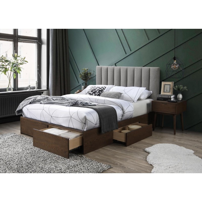 Łóżko tapicerowane GROSSETO 160x200 szare/orzech z szufladami