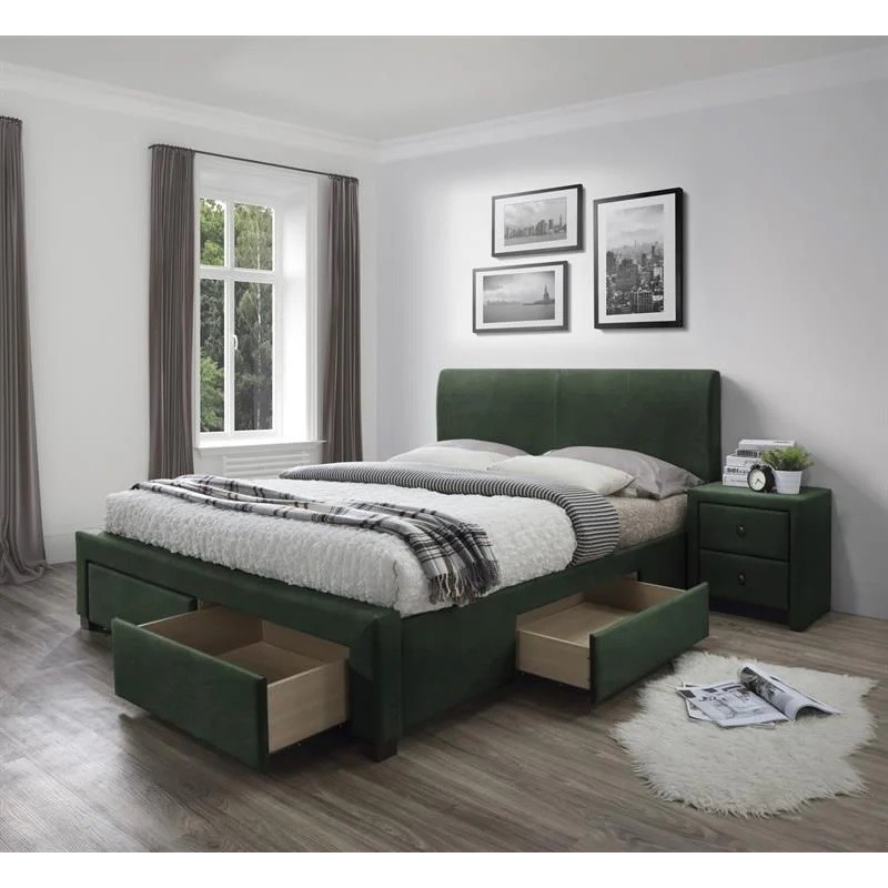 Łóżko tapicerowane 160x200 MATERA z szufladami w kolorze ciemnym zielonym.