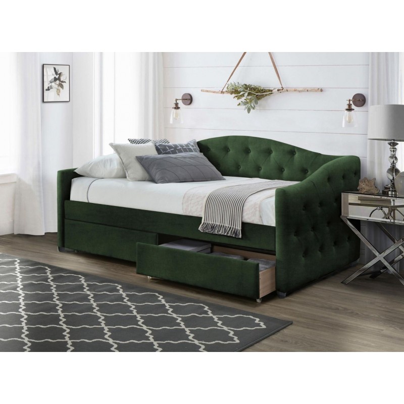 Łóżko welurowe tapicerowane ARGENTA 90x200 z szufladami w kolorze ciemnej zieleni.