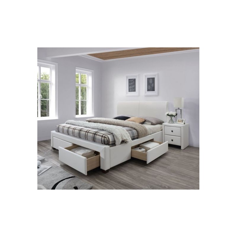 Łóżko tapicerowane 160x200 MARSALA z szufladami białe ekoskóra