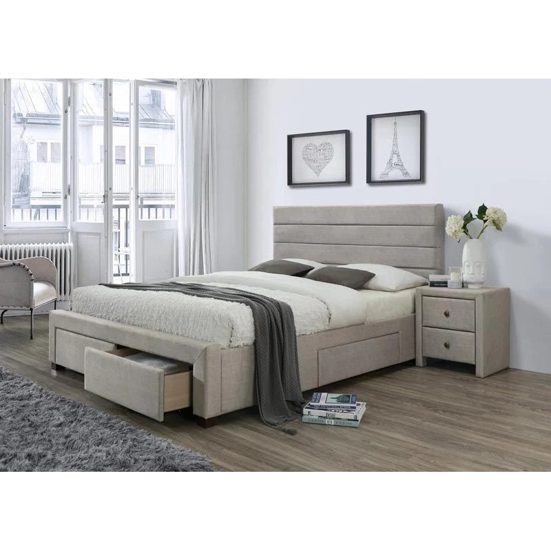 Łóżko tapicerowane AMALFI 160x200 z nowoczesnym zagłówkiem i szufladami beżowe