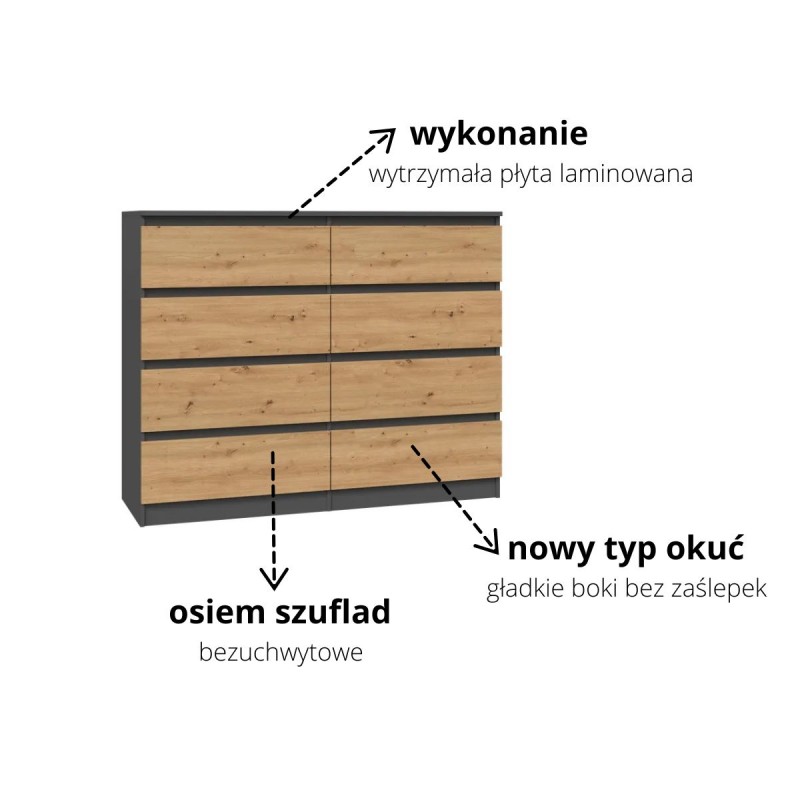 KOMODA MISTY M8 140 cm - ANTRACYT / DĄB ARTISAN