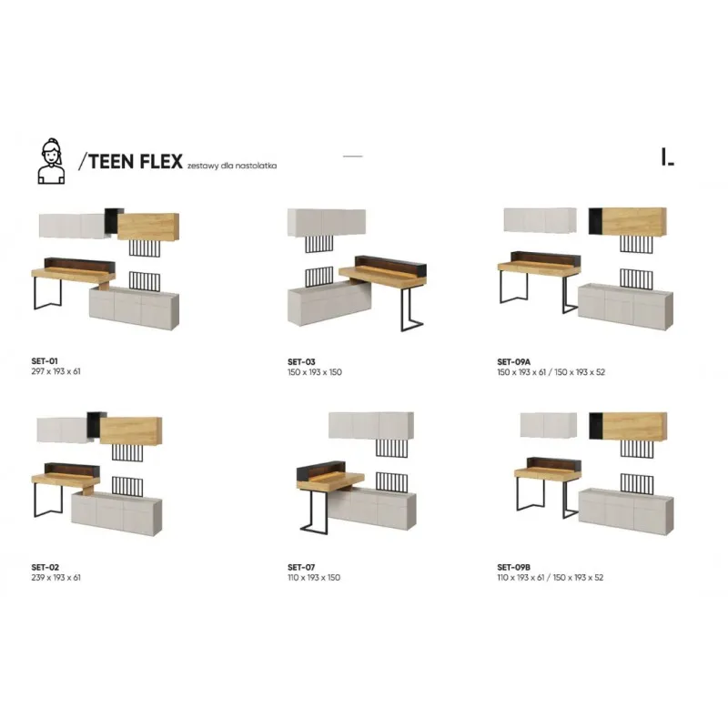 Nowoczesny zestaw do pokoju młodzieżowego Teen Flex SET-04B