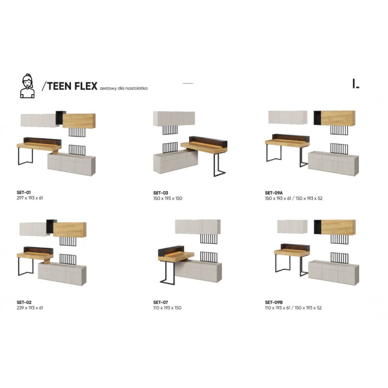Nowoczesny zestaw do pokoju młodzieżowego Teen Flex SET-09B