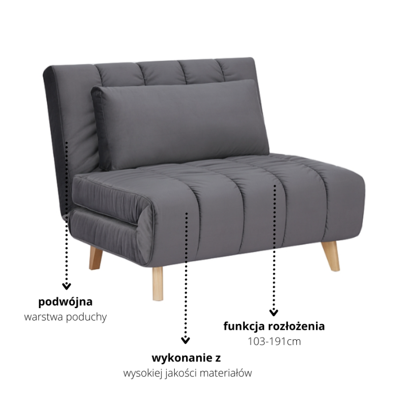 ROZKŁADANY FOTEL BILLY VELVET SZARY TAP.139/BUK