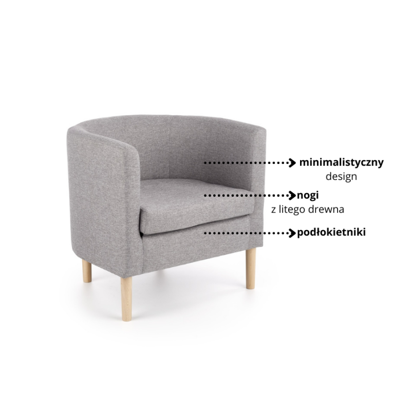 Minimalistyczny fotel wypoczynkowy Vesper 2 szary/naturalny
