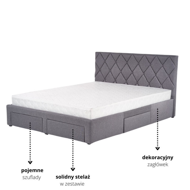Łóżko pikowane BIELLA 160x200 z szufladami szare