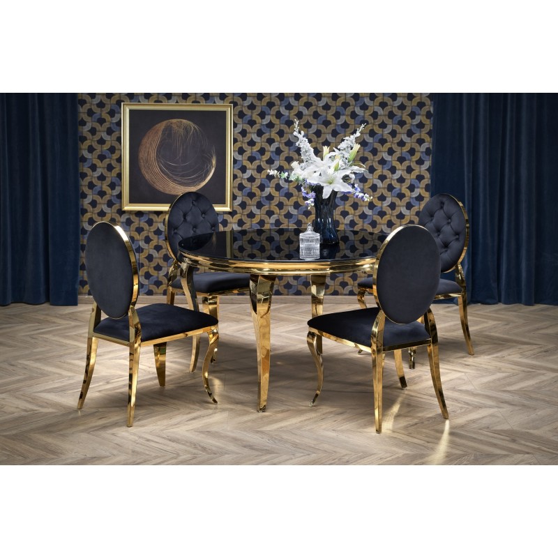 REGINALD_2 stół okrągły blat - szkło czarny, nogi - złoty