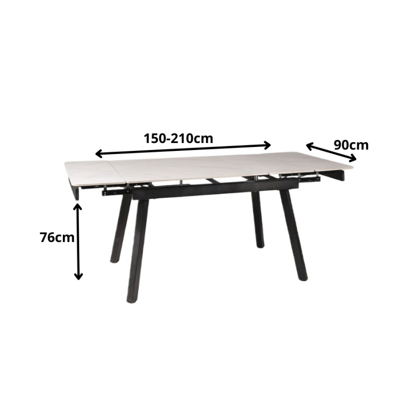 Rozkładany stół ceramiczny John biały/czarny stelaż 150(210)X90