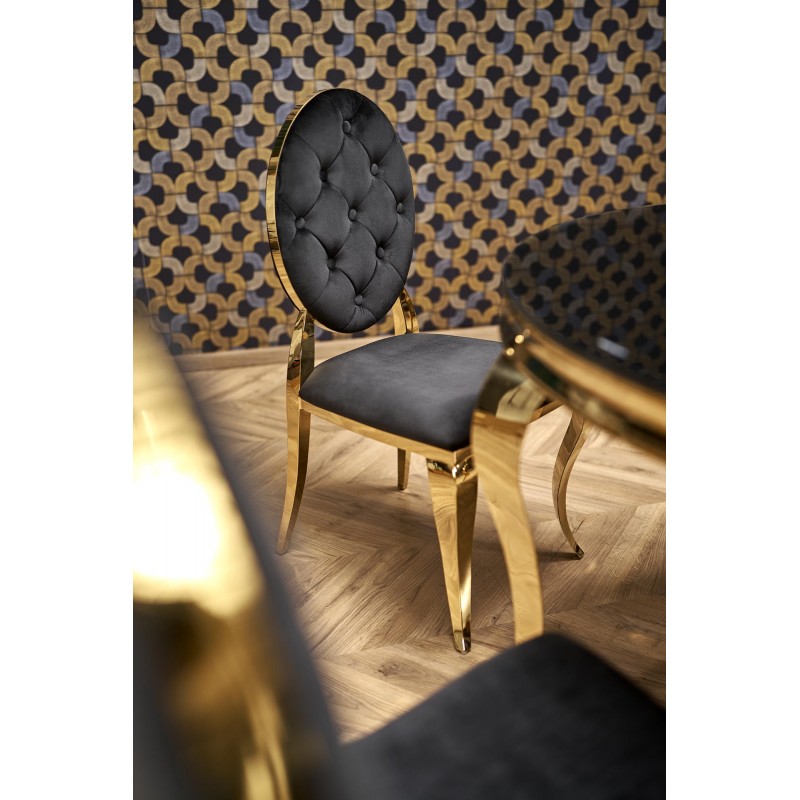 REGINALD_2 stół okrągły blat - szkło czarny, nogi - złoty