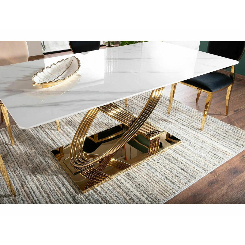 Nowoczesny stół Hermes z ceramicznym blatem biały efekt marmuru/złoty 160x90