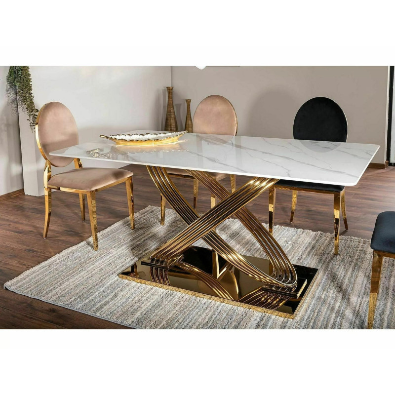 Nowoczesny stół Hermes z ceramicznym blatem biały efekt marmuru/złoty 160x90