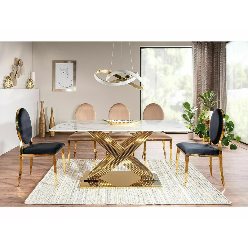 Nowoczesny stół Hermes z ceramicznym blatem biały efekt marmuru/złoty 160x90