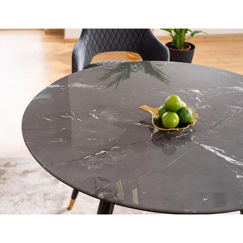 Stół w stylu glamour Cyryl II czarny efekt kamienia/czarno-złoty stelaż fi100