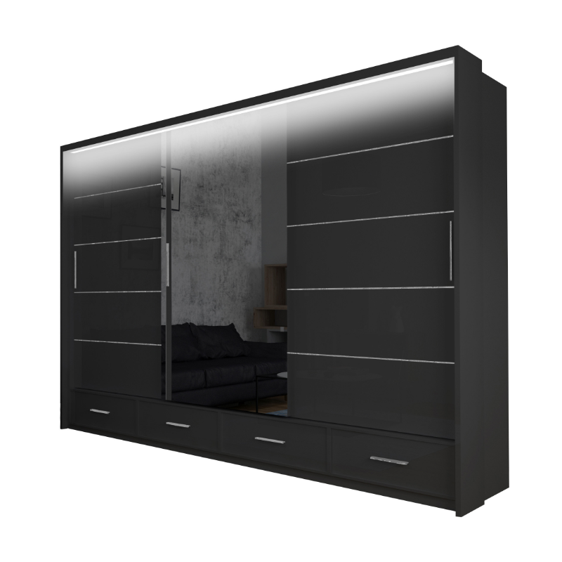 Szafa przesuwna Onyx z lustrem i oświetleniem LED 253cm Szafa przesuwna Onyx z lustrem i oświetleniem LED 253cm
