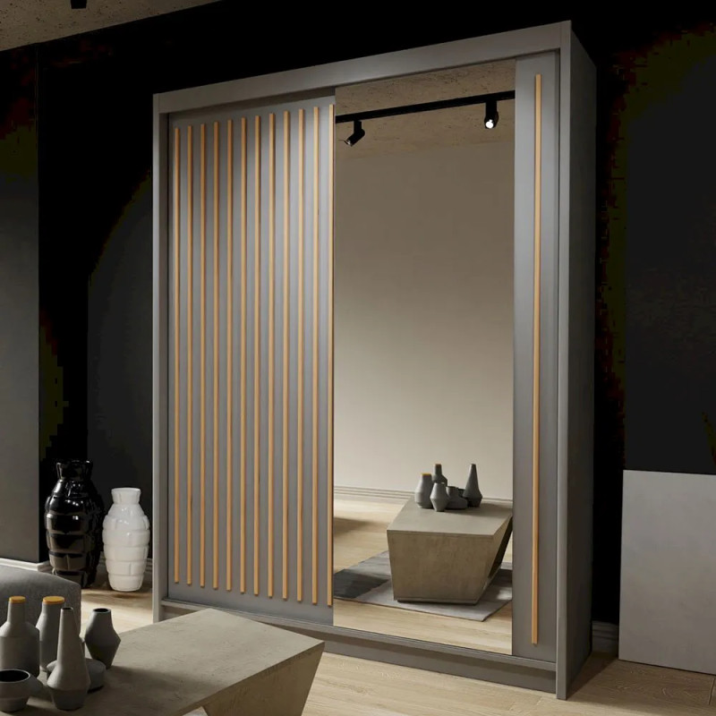 Szafa dwudrzwiowa Kalli z lustrem i lamelami 150cm / szary/votan