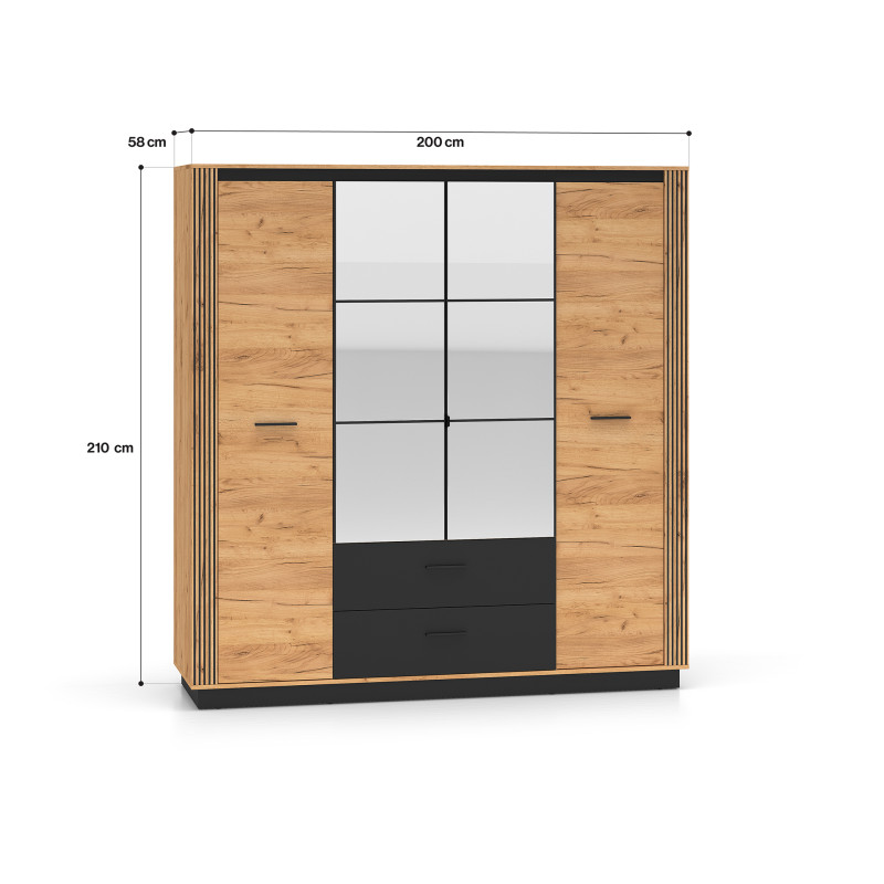 Szafa z lustrem 200 Kolekcja Urso Dąb Craft Złoty/Czarny