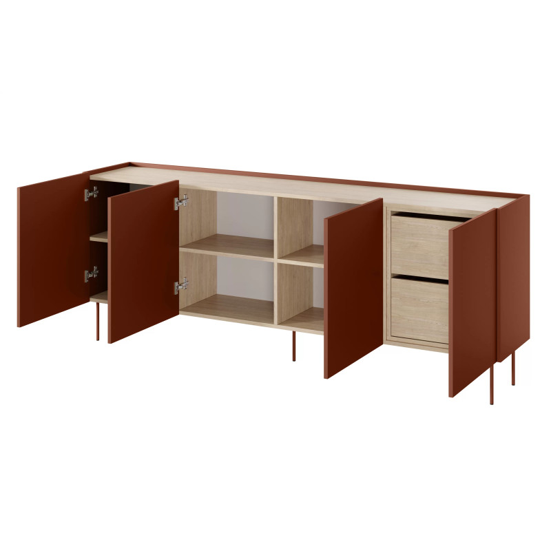 Komoda Desin 220cm z 2 szufladami Meble Bogart ceramic red/dąb
