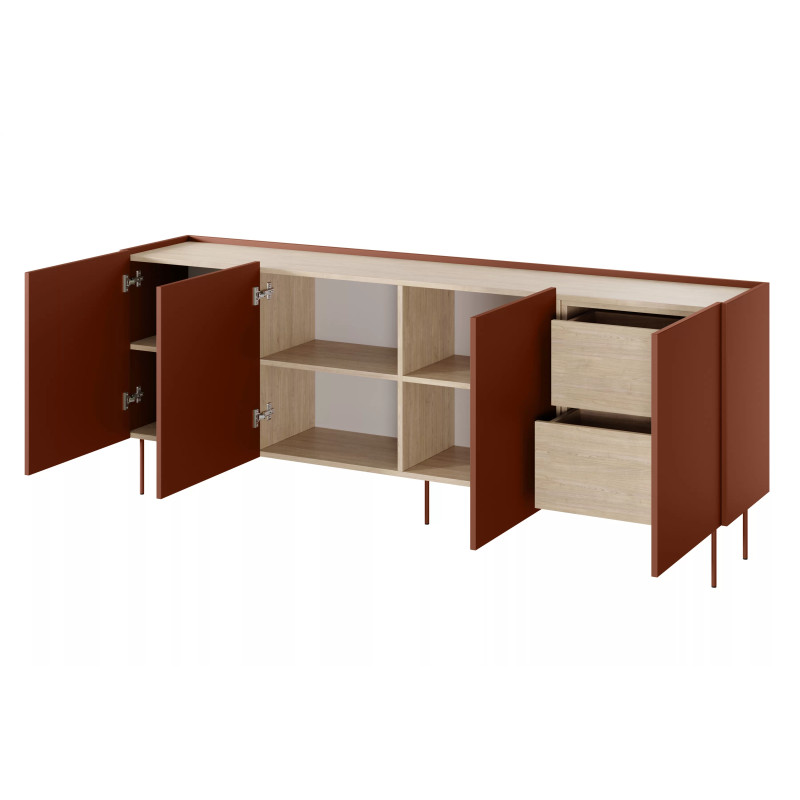 Komoda Desin 220cm z 2 szufladami Meble Bogart ceramic red/dąb