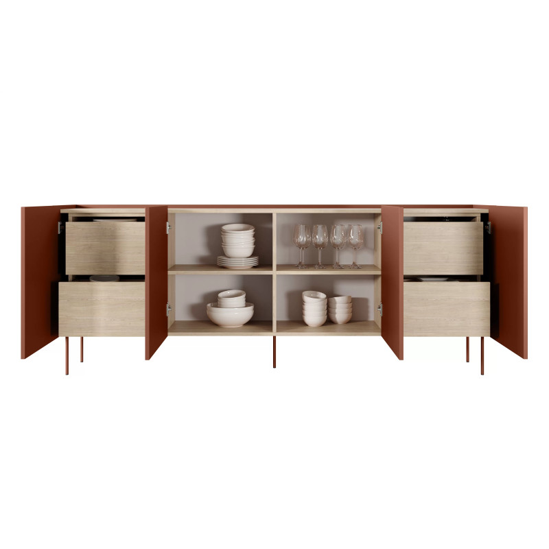 Komoda Desin 220cm z 4 szufladami Meble Bogart ceramic red/dąb