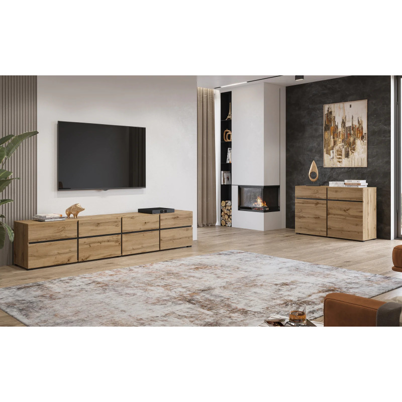 Szafka RTV z czterema szufladami Cross 40 dąb wotan/czarny