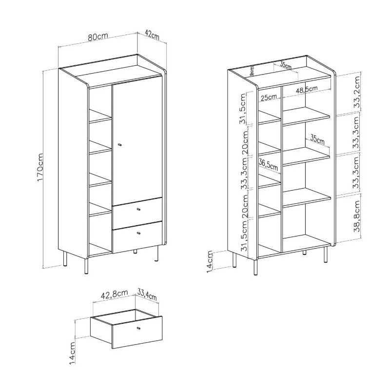 Jednodrzwiowy regał Alessio AE05 eukaliptus/dąb baltic dune