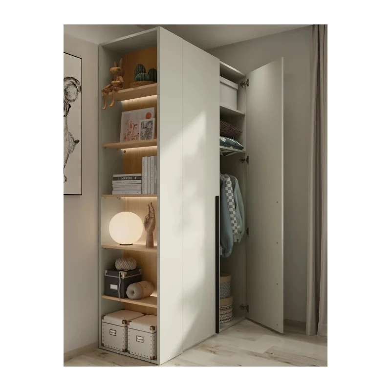 Regał do wąskich przestrzeni z LED i półkami otwartymi