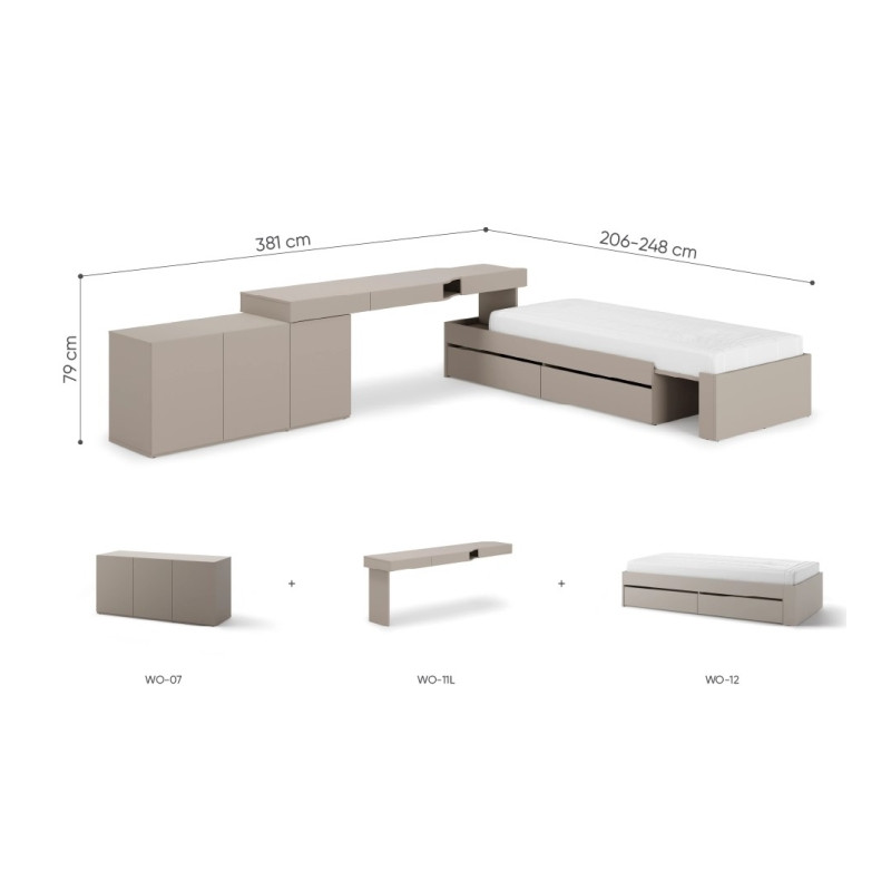 Zestaw mebli młodzieżowych WOOW w kolorze clay grey - wymiary