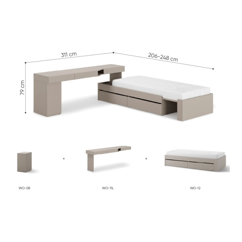 Kompletny zestaw WOOW SET-WOS2L z biurkiem, łóżkiem i szafą Lenart - wymiary