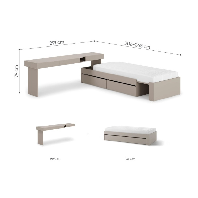 Zintegrowane biurko i łóżko w kolorze clay grey  WOOW SET-WOS3L - wymiary