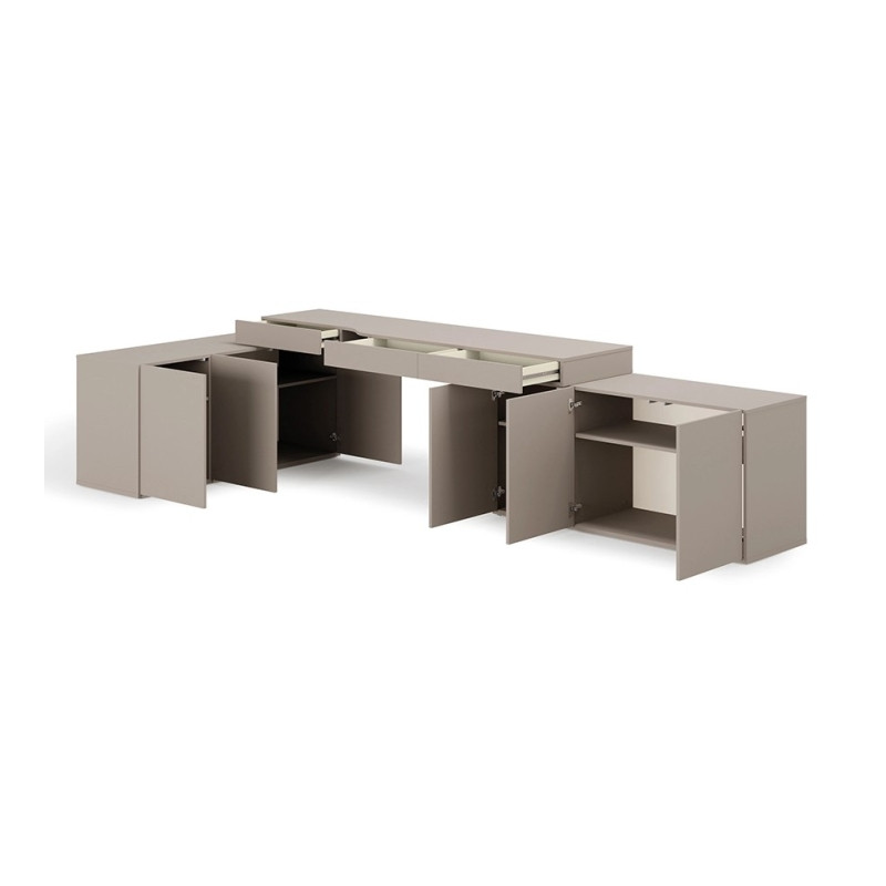 Kompletny układ mebli z szafkami i półkami WOOW Lenart - widok otwarty