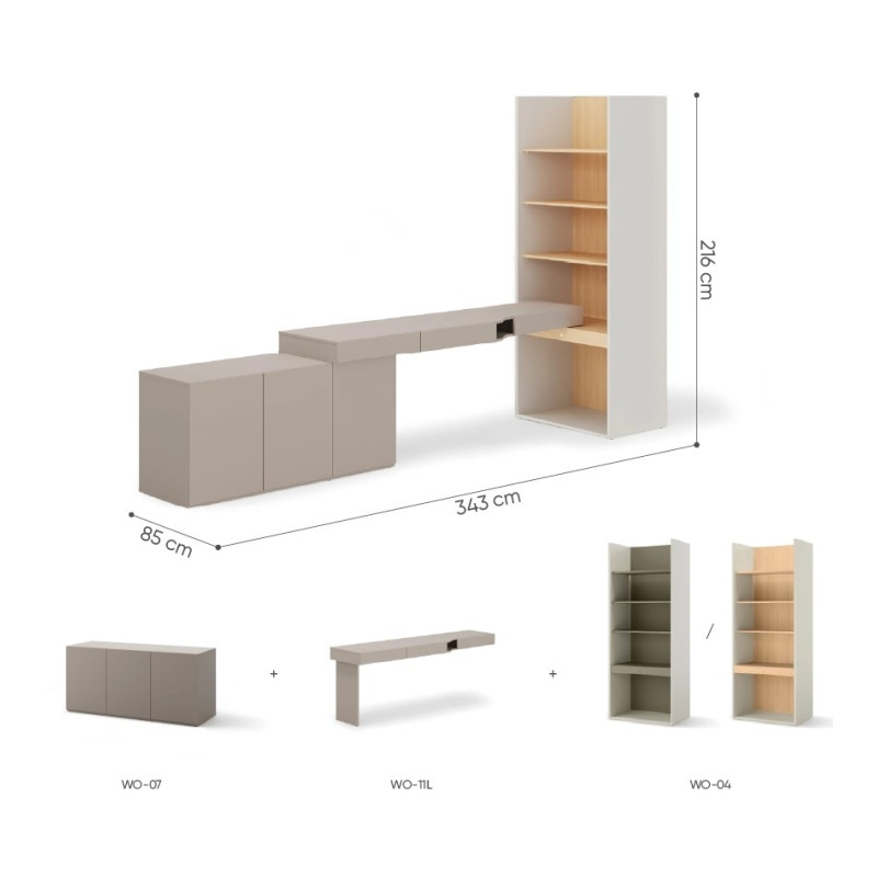 Meble WOOW Lenart w kolorze clay grey, dąb vicenza i szampański - wymiary