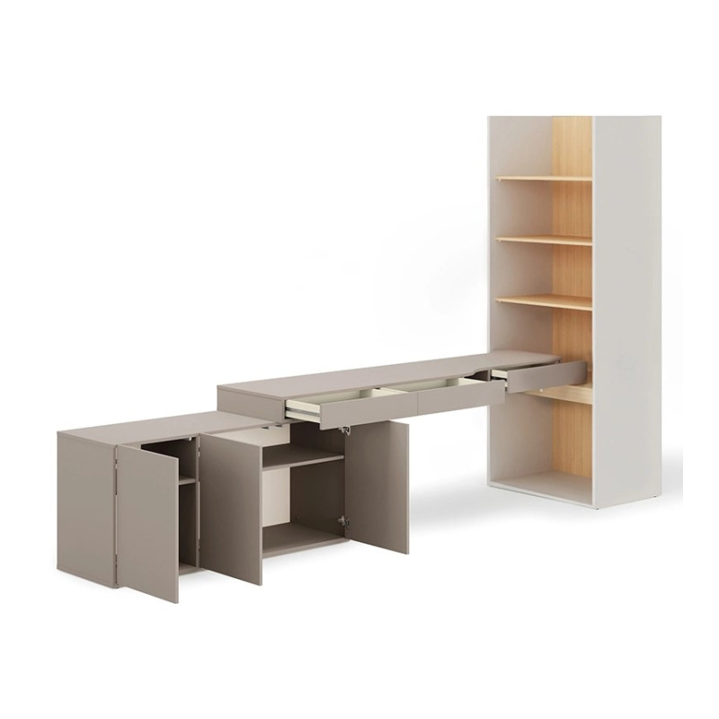 Meble WOOW Lenart w kolorze clay grey, dąb vicenza i szampański - widok otwarty