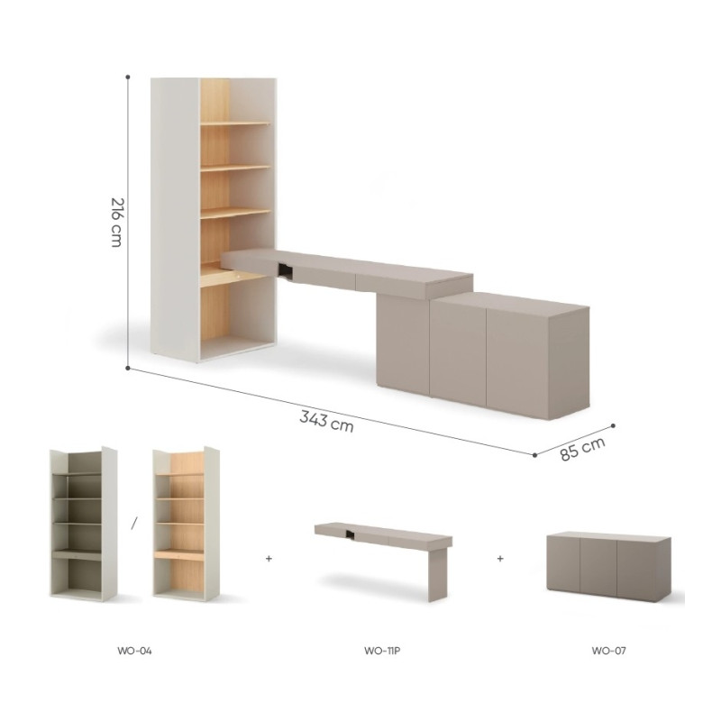 Meble WOOW Lenart w kolorze clay grey, dąb vicenza i szampański - wymiary