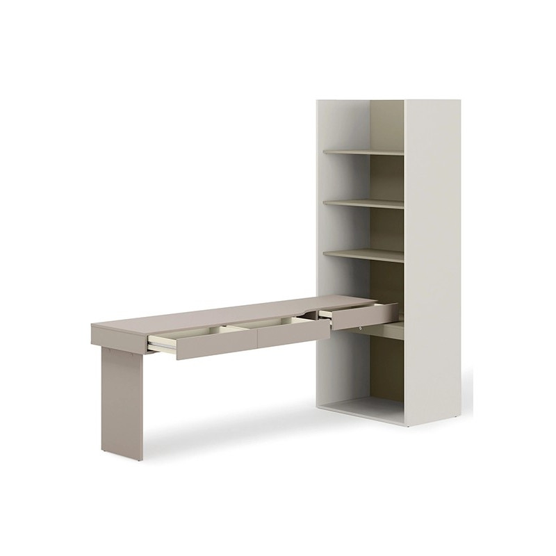 Biurko z regałem SET-WOS10LE w kolorze clay grey i eukaliptus - otwarte szuflady