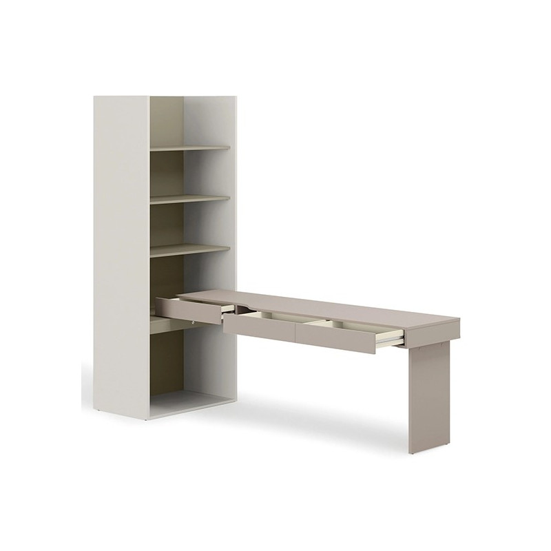 Biurko z regałem SET-WOS10PE w kolorze clay grey i eukaliptus - otwarte szuflady