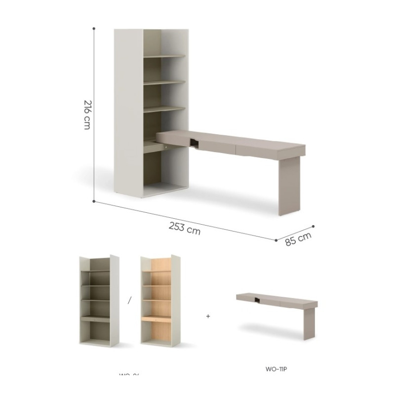 Biurko z regałem SET-WOS10PE w kolorze clay grey i eukaliptus - wymiary