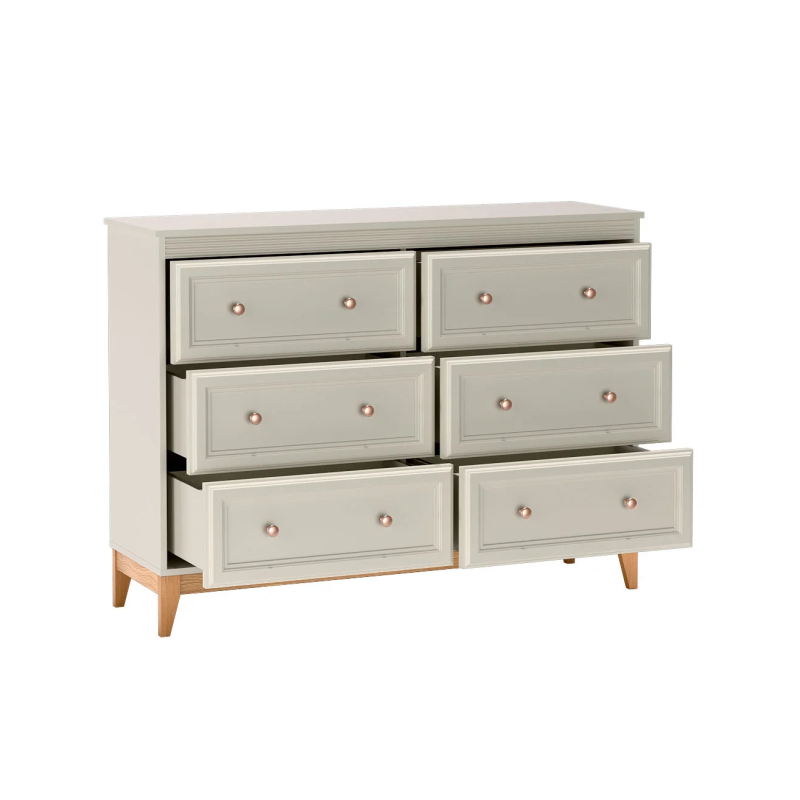 Komoda Jarstol WINDSOR kaszmir z sześcioma szufladami otwarta