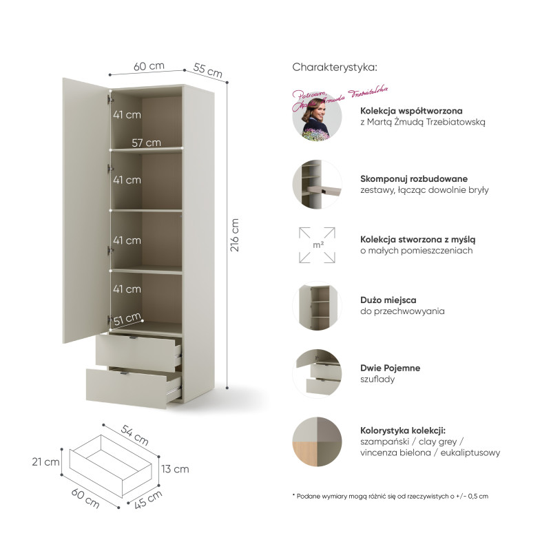 Szafa Jednodrzwiowa WO-03 Woow Szampański Lenart - Wymiary