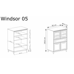Witryna Jarstol WINDSOR z przeszkloną górą i dolnymi szafkami - Wymiary