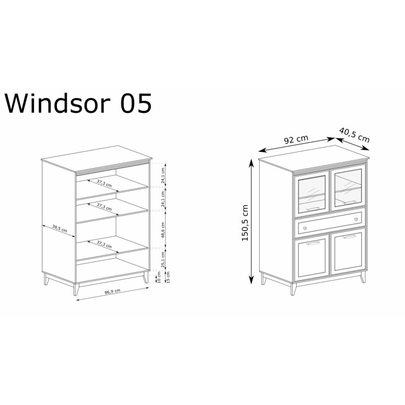 Witryna Jarstol WINDSOR z przeszkloną górą i dolnymi szafkami - Wymiary