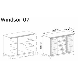 Witryna WINDSOR szeroka z przeszkleniem i szufladami - wymiary