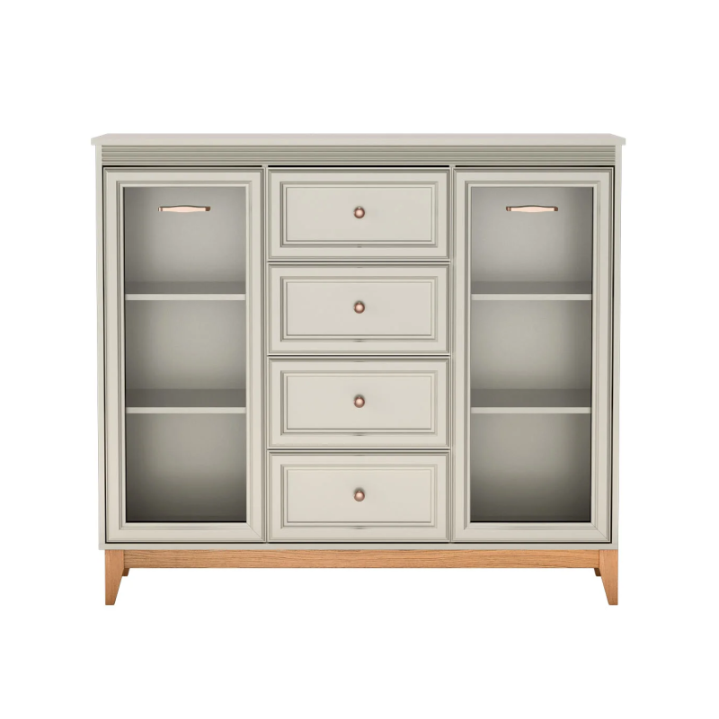 Witryna WINDSOR szeroka z przeszkleniem i szufladami - widok z frontu