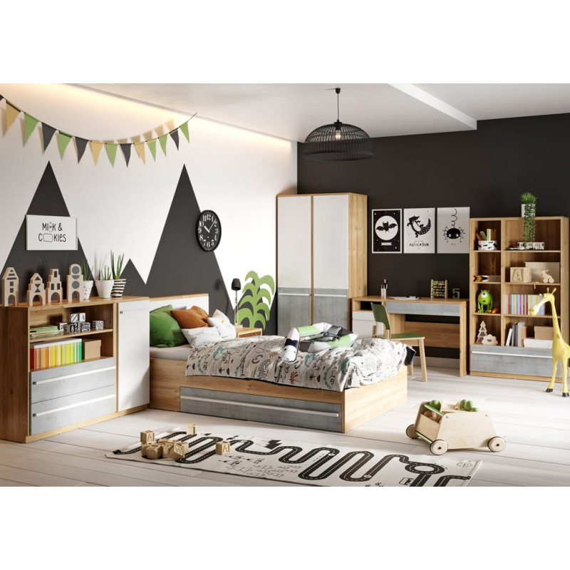 Zestaw mebli do pokoju młodzieżowego PLANO Dąb Nash/Biały/ Beton