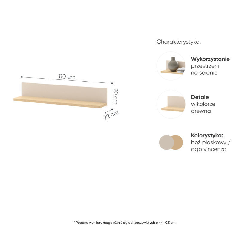 Półka wisząca STORY SO-14 beż piaskowy / dąb vincenza bielona - wymiary