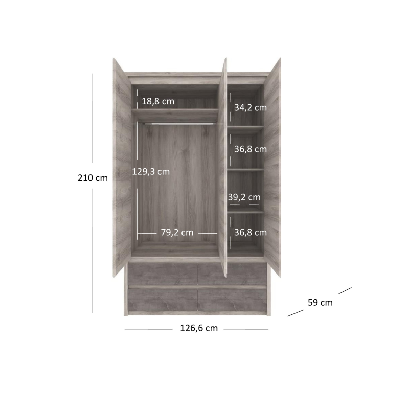 Szafa z lustrem Jazz 3D4S Kasztan nairobi Mebelbos - wymiary
