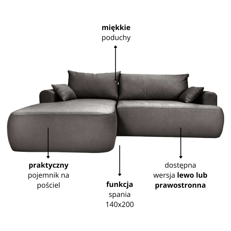 Nowoczesny tapicerowany narożnik Coco grafitowy / whisper 19