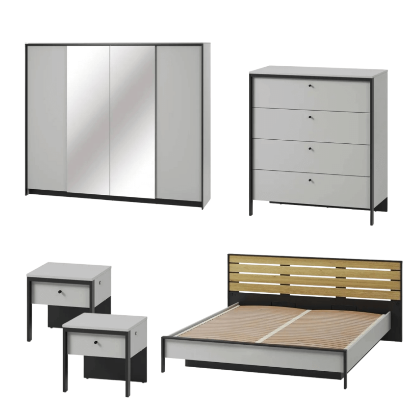 Zestaw Mebli Do Sypialni GRIS szary/czarny/dąb natura Zestaw Mebli Do Sypialni GRIS szary/czarny/dąb natura